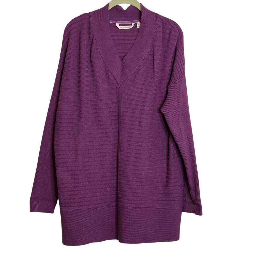 Soft Surroundings Womens Ribbed V-Neck Tunic Sweater Large Purple Long Sleeve